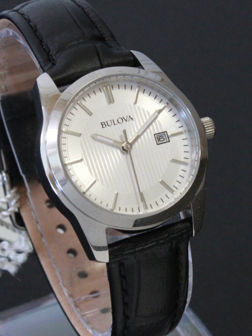 Bulova Ladies Classic Dress Watch Stainless, Silver Textured Dial, Black Strap - Picture 5 of 13